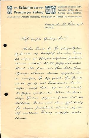 Eigenhändiger Brief von Carl Angermayer jun., Preßburg, 27. II. 1913.