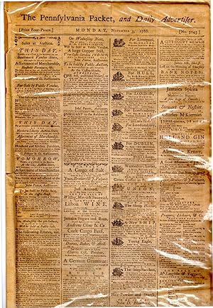 Seller image for The Pennsylvania Packet, and Daily Advertiser / Monday, November 3, 1788. Revolutionary Period. Charles Wilson Peale, Baron de Tott for sale by Singularity Rare & Fine