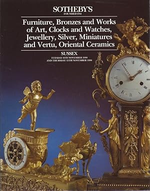 Immagine del venditore per Sotheby's Founded 1744 Furniture, Bronzes and Works of Art, Clocks and Watches, Jewellery, Siver, Miniatures and Vertu, Oriental Ceramics Sussex November, 1990 auctioncataloguesz venduto da Charles Lewis Best Booksellers