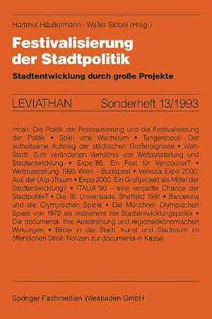 Bild des Verkufers fr Festivalisierung der Stadtpolitik : Stadtentwicklung durch groe Projekte zum Verkauf von AHA-BUCH GmbH