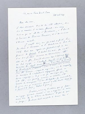 Lettre autographe signée de l'écrivain Jean Guirec (romancier et journaliste)