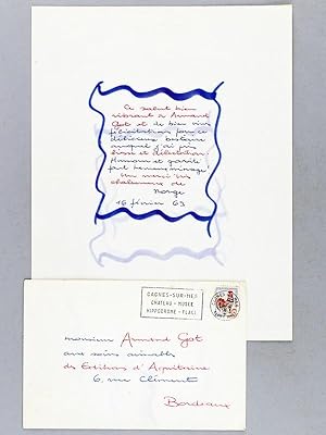 Seller image for Belle Lettre autographe signe de l'crivain Go Norge : "Ce salut bien vibrant  Armand Got et ce bien vives flicitations pour ce dlicieux bestiaire auquel j'ai pris liesse et dlectation. Humour et gravit font bon mnage ! " for sale by Librairie du Cardinal