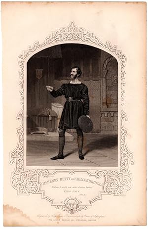 Image du vendeur pour 1860 Shakespearean Steel Engraving, "Mr. Henry Betty As Faulconbridge" ("King John", Act 1 Scene 1). Hollis of The London Printing and Publishing Company (engraving); Paine of Islington (daguerreotype) mis en vente par Singularity Rare & Fine