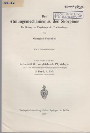 Seller image for Der Atmungsmechanismus des Skorpions. Ein Beitrag zur Physiologie der Tracheenlunge. for sale by Antiquariat am Flughafen