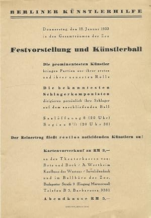 Festvorstellung und Künstlerball Donnerstag den 12. Januar 1933 in den Gasträumen des Zoo (1 Blat...