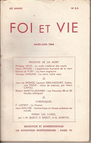 Bild des Verkufers fr FOI ET VIE 63e Anne n 2-3 Mars-Juin 1964 zum Verkauf von Bouquinerie L'Ivre Livre