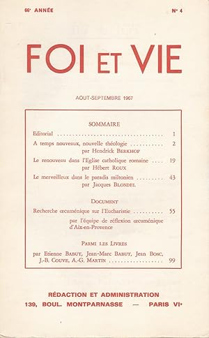 Bild des Verkufers fr FOI ET VIE 66e Anne n 4 Aot-Septembre 1967 zum Verkauf von Bouquinerie L'Ivre Livre