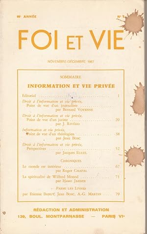 Bild des Verkufers fr FOI ET VIE 66e Anne n 6 Novembre-Dcembre 1967 Information et vie prive zum Verkauf von Bouquinerie L'Ivre Livre