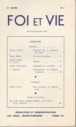 Bild des Verkufers fr FOI ET VIE 67e Anne n 4 Septembre-Octobre 1968 zum Verkauf von Bouquinerie L'Ivre Livre