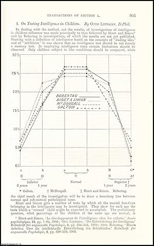 Bild des Verkufers fr Testing Intelligence in Children. WITH. Experimental Tests of General Intelligence. WITH. The Measurement of Intelligence in School Children. WITH. Perseveration as a Test of the Quality of Intelligence, & Apparatus for its Measurement. WITH. An uncommon original article from the British Association for the Advancement of Science report, 1910. zum Verkauf von Cosmo Books