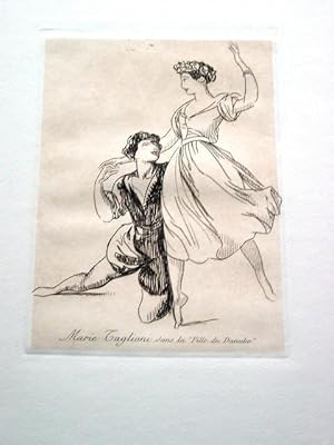 Bild des Verkufers fr Gravure sur cuivre sur vlin de Rives par Vibert reprsentant la danseuse Marie Taglioni dans la "Fille du Danube" zum Verkauf von JOIE DE LIRE