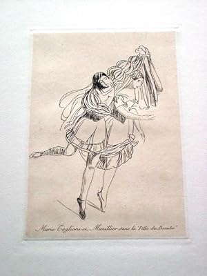 Bild des Verkufers fr Gravure sur cuivre sur vlin de Rives par Vibert reprsentant les danseurs Marie Taglioni et Mazillier dans la "Fille du Danube" zum Verkauf von JOIE DE LIRE