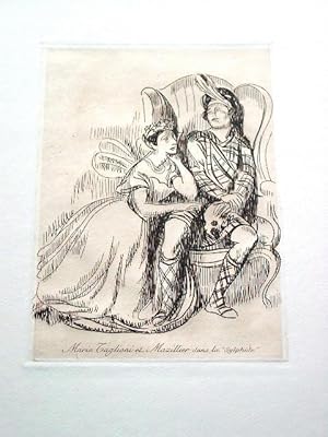 Bild des Verkufers fr Gravure sur cuivre sur vlin de Rives par Vibert reprsentant les danseurs Marie Taglioni et Mazillier dans la "Sylphide" zum Verkauf von JOIE DE LIRE