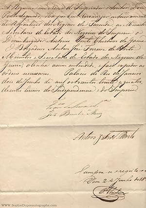 Document signed, in Portuguese with translation, (Francisco de, 1785-1853, Soldier and Politician...