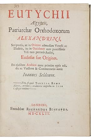 Bild des Verkufers fr Ecclesiae suae origines. Ex ejusdem Arabico nunc primum typis edidit ac versione & commentario auxit J. Seldenus. zum Verkauf von Antiquariat INLIBRIS Gilhofer Nfg. GmbH