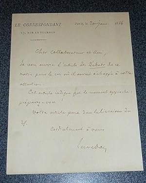 Lettre autographe signée, datée du 20 janvier 1886, à l'entête du journal « Le Correspondant »