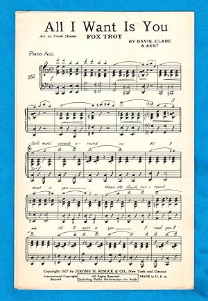 All I Want Is You / 1927 Vintage Fox-Trot Sheet Music (Benny Davis, Sidney Clare & Harry Akst).