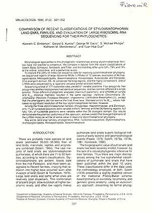 Bild des Verkufers fr Comparison of recent classifications of stylommatophoran land-snail families, and evaluation of large-ribosomal-RNA sequencing for their phylogenetics zum Verkauf von ConchBooks