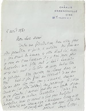 Bild des Verkufers fr Lettre autographe signe de Louis Gillet  l'en-tte de Chalis Ermenonville et dat du 5 avril 1921 adresse a Andr Beaunier Il le flicite pour sa promotion, parle de sa femme et de ses filles, mais tout de mme Courteline! J'aime bien Courteline, am zum Verkauf von JOIE DE LIRE