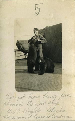 Our pet bears being feed (sic) aboard the good ship U.S.S. Buffalo. Alaska. We procured bears at ...