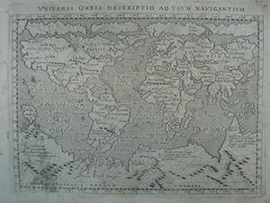 Bild des Verkufers fr Universi orbis descriptio ad usum navigantium. Kupferstich-Karte v. Girolamo Porro aus Giovanni Antonio Magini "Geographiae Universae". Venedig 1596, 14 x 18 cm (Plattenrand) zum Verkauf von Antiquariat Johannes Mller