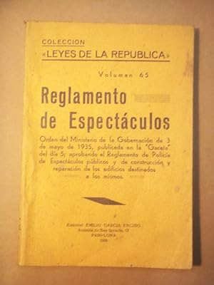 Imagen del vendedor de Reglamento de Espect�culos. Colecci�n Leyes de la Rep�blica Vol. 65. a la venta por Carmichael Alonso Libros