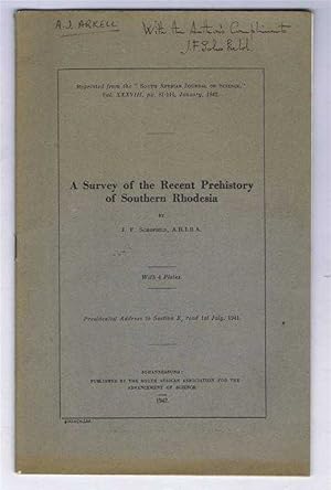 Image du vendeur pour A Survey of the Recent Prehistory of Southern Rhodesia by J F Schofield. With 4 plates. mis en vente par Bailgate Books Ltd