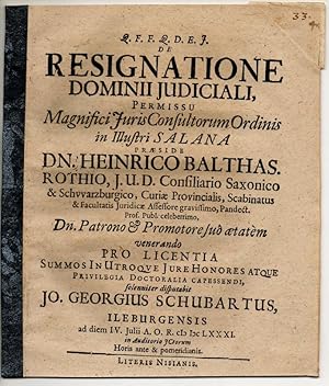 Imagen del vendedor de Juristische Dissertation. De resignatione dominii iudiciali. a la venta por Wissenschaftliches Antiquariat Kln Dr. Sebastian Peters UG