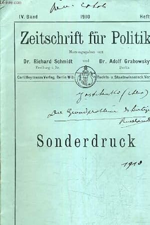 Imagen del vendedor de ZEITSCHRIFT FUR POLITIK - IV BAND - 1910 HEFT 1 - SONDERDRUCK. a la venta por Le-Livre