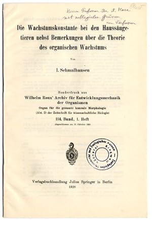 Image du vendeur pour Die Wachstumskonstante bei den Haussugetieren nebst Bemerkungen ber die Theorie des orgnaischen Wachstums. + Beigelegt 5 weitere Arbeiten. mis en vente par Antiq. F.-D. Shn - Medicusbooks.Com