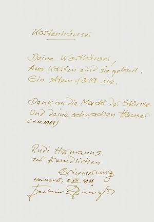 Bild des Verkufers fr Eigenh. Gedicht mit Widmung und U. zum Verkauf von Antiquariat INLIBRIS Gilhofer Nfg. GmbH