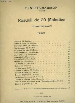 Seller image for 20 MELODIES : Nocturne + Amour d'Antan + Printemps triste + Nos souvenirs + Le temps des lilas + Serre chaude + Serre d'ennui + Lassitude + Fauves las + Oraison + Les heures + Ballade + Les couronnes + Chanson de Clown + Chanson d'amour. for sale by Le-Livre