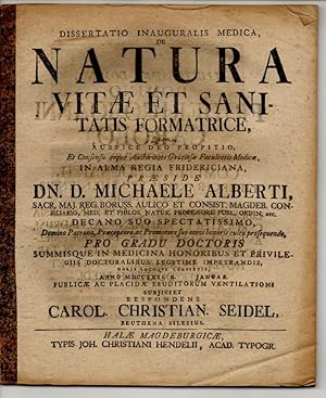 Seller image for Medizinische Inaugural-Dissertation. De Natura Vitae Et Sanitatis Formatrice. for sale by Wissenschaftliches Antiquariat Kln Dr. Sebastian Peters UG