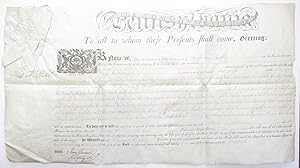 Bild des Verkufers fr PARTIALLY PRINTED PENNSYLVANIA LAND PATENT, COMPLETED IN MANUSCRIPT, FOR A TRACT OF LAND CALLED 'HARTFORD' IN NORTHUMBERLAND COUNTY, CONVEYED BY THE COMMONWEALTH TO DAVID WILLIAMSON. THE COMMONWEALTH HAD PREVIOUSLY CONVEYED THE TRACT TO BENJAMIN HARVEY, WHO BY DEED OF 1791 THEN CONVEYED THE TRACT TO WILLIAMSON. SIGNED BY GOVERNOR THOMAS MIFFLIN, AND BY JAMES TRIMBLE AS DEPUTY SECRETARY, NOVEMBER 26, 1795 zum Verkauf von David M. Lesser,  ABAA