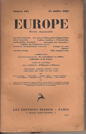 Imagen del vendedor de EUROPE Revue mensuelle  Numro 115 du 15 Juillet 1932 a la venta por Bouquinerie L'Ivre Livre