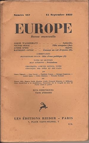 Imagen del vendedor de EUROPE Revue mensuelle  Numro 117 du 15 Septembre1932 a la venta por Bouquinerie L'Ivre Livre