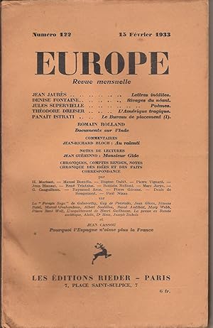 Imagen del vendedor de EUROPE Revue mensuelle  Numro 122 du 15 Fvrier 1933 a la venta por Bouquinerie L'Ivre Livre