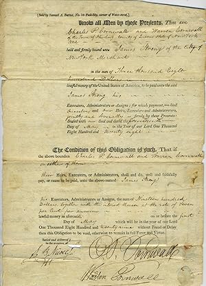 Imagen del vendedor de 1829 Manuscript Obligations Binding Charles P. Cornwall and Warren Cornwall to James Strong, Merchant of New York a la venta por Antipodean Books, Maps & Prints, ABAA