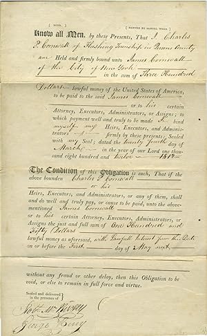 Imagen del vendedor de 1812 Manuscript Obligations Binding Charles P. Cornwall to James Cornwall, Merchant of New York a la venta por Antipodean Books, Maps & Prints, ABAA