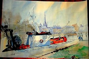 Aquarelle originale représentant un port avec bateaux badauds "très bien traitée" Signée en bas à...