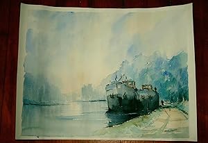 Aquarelle originale représentant Les bords d'un fleuve avec deux péniches "très bien traitée" Sig...