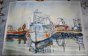 Aquarelle originale représentant un port avec bateaux pécheur "très bien traitée" Signée en bas à...