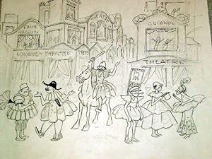 Très beau grand dessin original encre de chine et mine de plomb représentant des théâtres humoris...