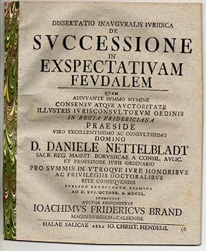 Bild des Verkufers fr Juristische Inaugural-Dissertation. De successione in exspectativam feudalem. zum Verkauf von Wissenschaftliches Antiquariat Kln Dr. Sebastian Peters UG