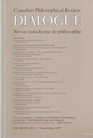 Bild des Verkufers fr Dialogue: Canadian Philosophical Review: Revue Canadienne De Philosophie Vol. XXXVI, No. 1, Winter / Hiver, 1997 zum Verkauf von BYTOWN BOOKERY