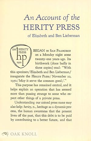 Image du vendeur pour ACCOUNT OF THE HERITY PRESS.|AN mis en vente par Oak Knoll Books, ABAA, ILAB