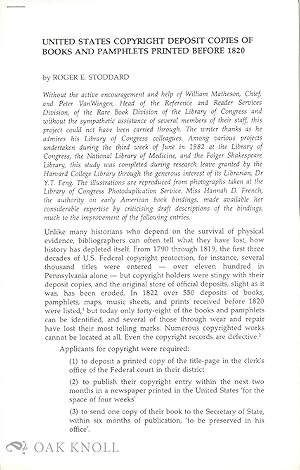 Image du vendeur pour UNITED STATES COPYRIGHT DEPOSIT COPIES OF BOOKS AND PAMPHLETS PRINTED BEFORE 1820 mis en vente par Oak Knoll Books, ABAA, ILAB