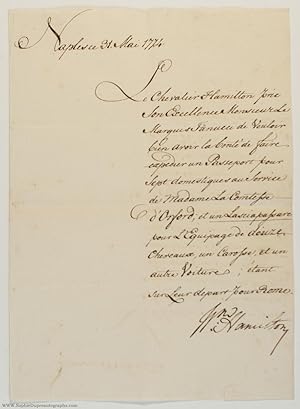 Fine letter Signed to the Marquess Bernardo TANUCCI, (Sir William, 1730-1803, Diplomatist & Archa...