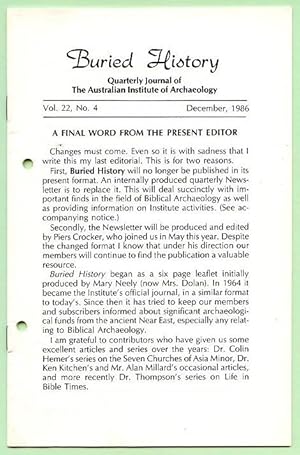 Image du vendeur pour Buried history: a quarterly journal of Biblical Archeaology. Vol. 22 No. 4 1986. mis en vente par Lost and Found Books