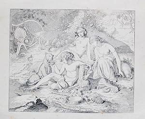 Immagine del venditore per Kupferstich, eventuell von August von Kloeber. Der junge Bacchus ruht mit zwei Begleiterinnen und gibt einem Leoparden aus einer Schale zu trinken. venduto da Antiquariat Thomas Rezek